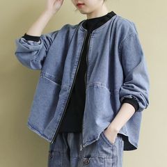 大码女装春装新款宽松文艺复古长袖上衣女短款百搭休闲牛仔外套女