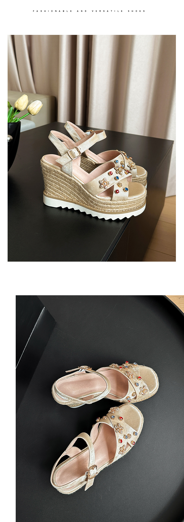 Sandal cao gót nữ đế xuồng đan rơm, mũi hở quai chéo đính hoa — Champagne màu, màu trắng ngà chi tiết 11