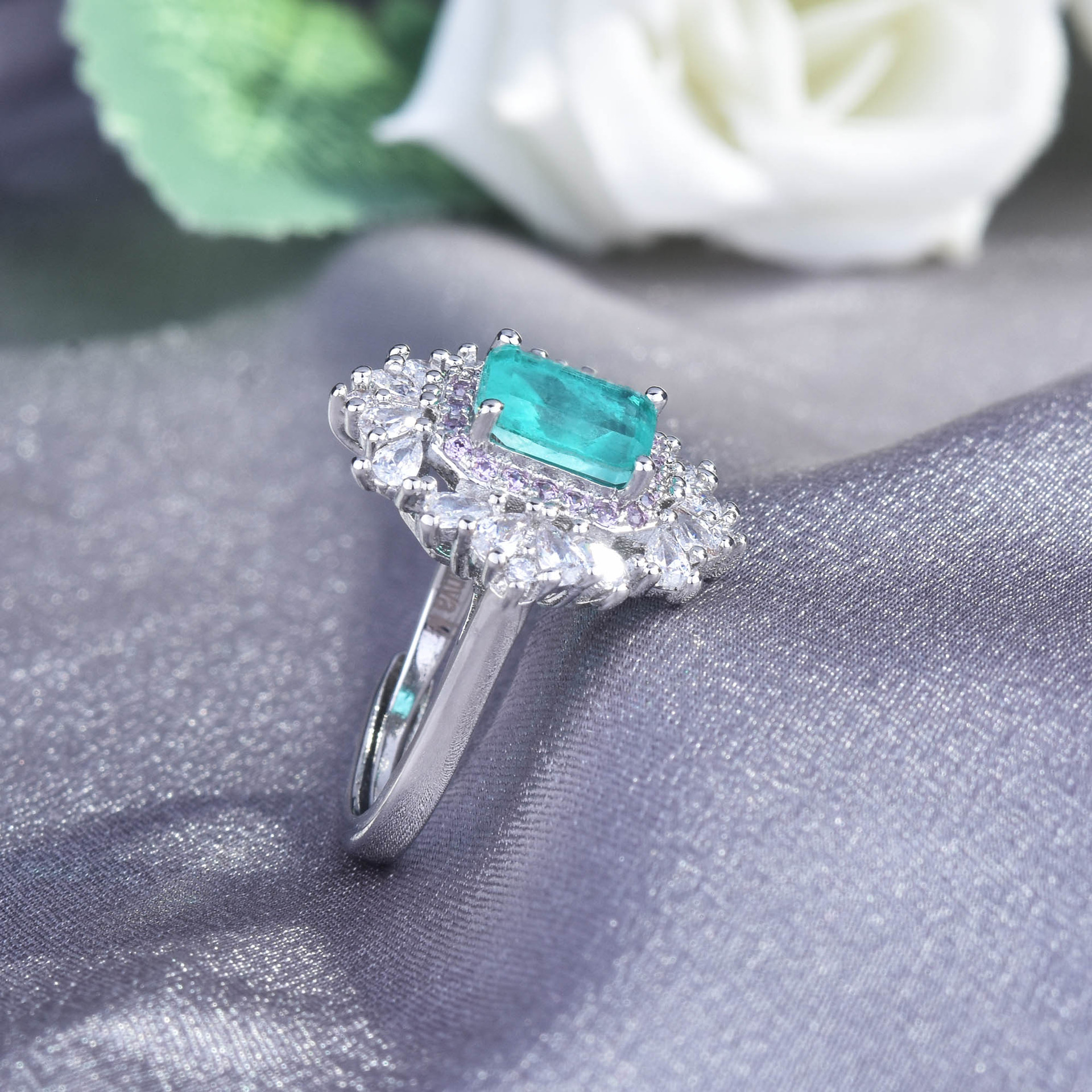 Paraiba Ring Princess Square Diamond Emerald Cut Color Treasure Open Ring display picture 4