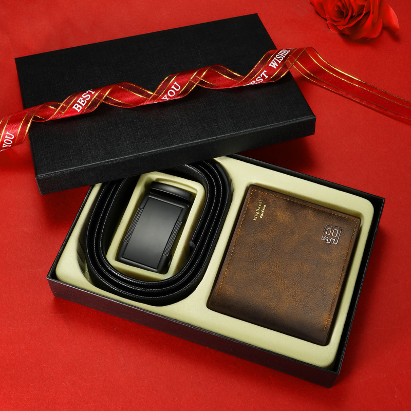 [Gift Box Set] Men's Wallet Card Holder Belt Combination Set Automatic Buckle Belt Gift Box Ready for Wholesale