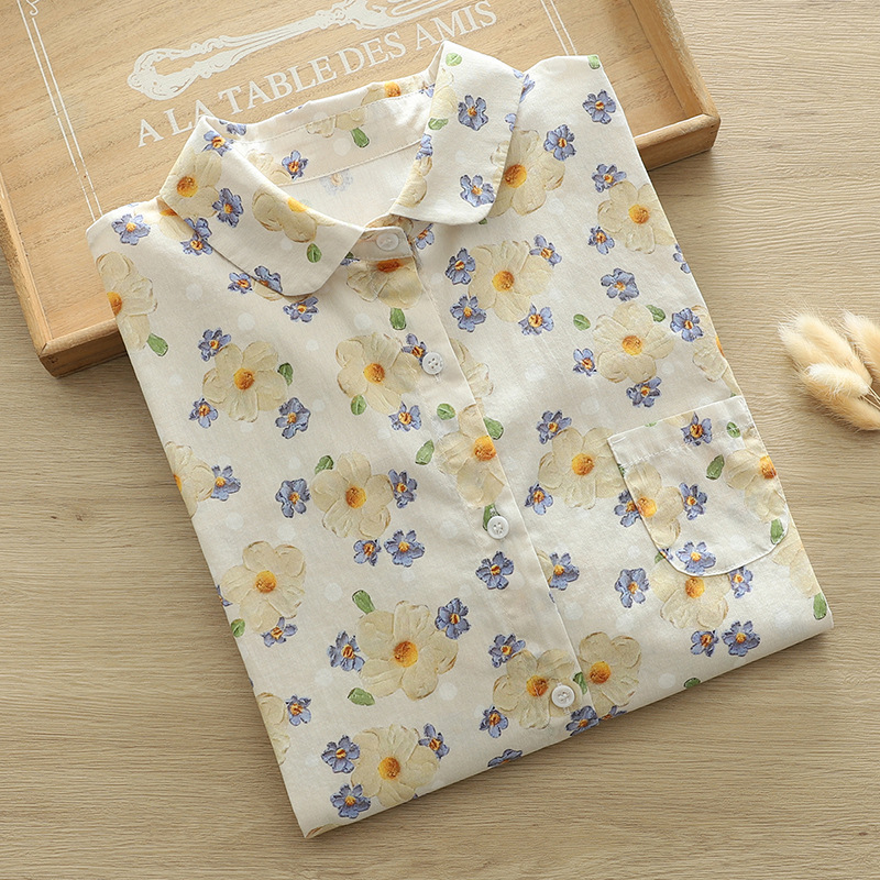 Spring and Autumn New Age-reducing Printed Lapel Long-sleeved Shirt Women's Western Style Loose Slim Shirt Top