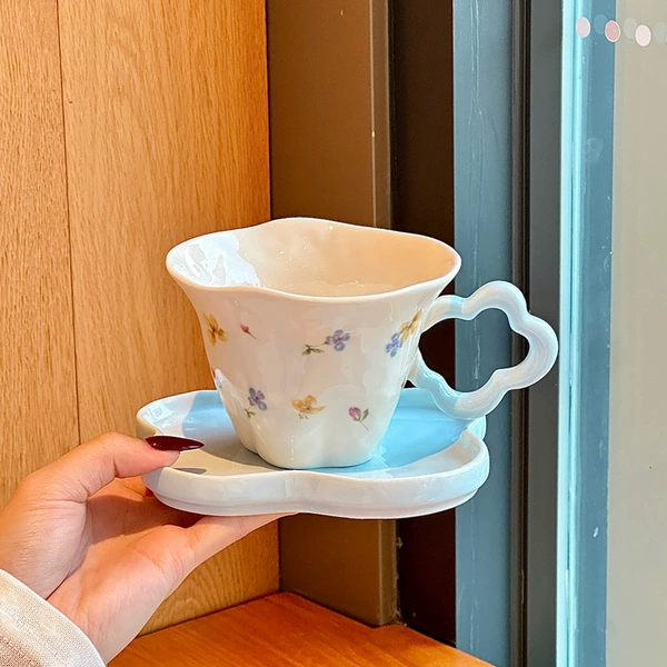 [小清新碎花咖啡杯碟-蓝色+圆球勺]