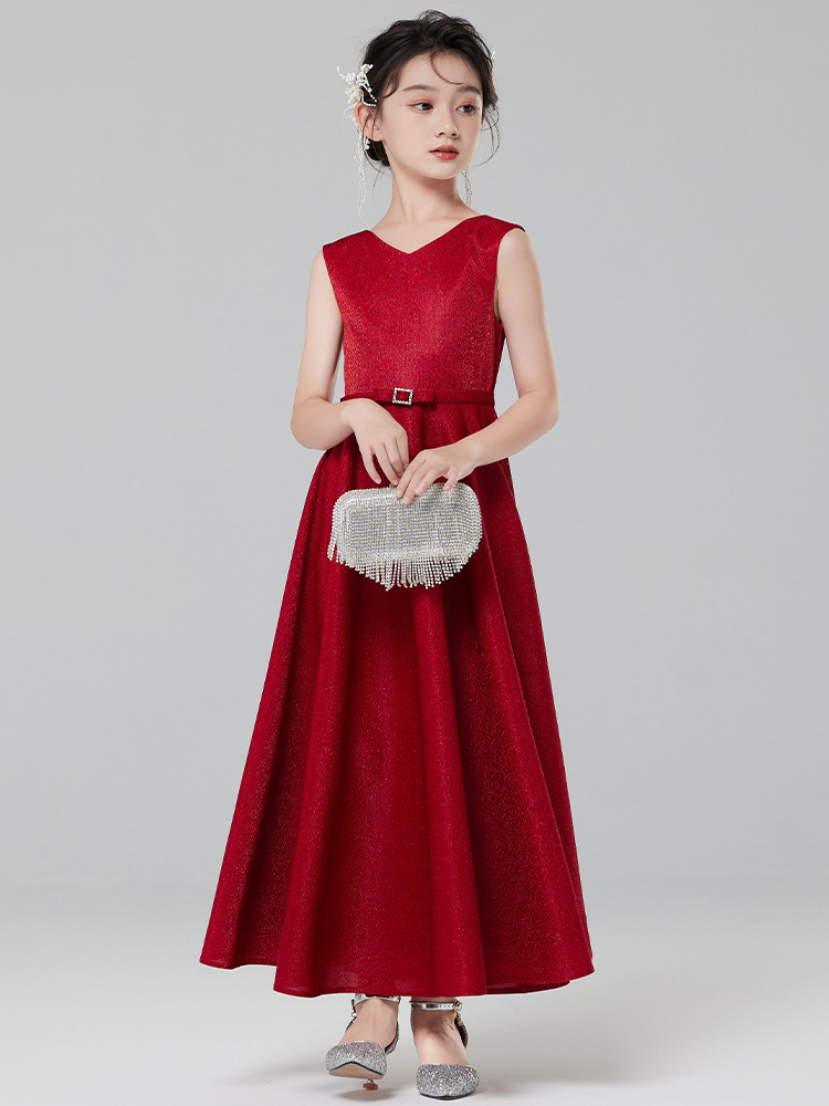 Vestido de noche de las niñas rojo niña de las flores Niña de la boda de alta gama princesa vestido otoño niños anfitrión piano traje