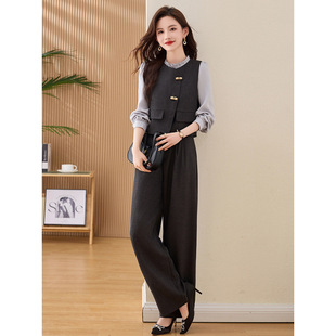1 fashion suit 2025 spring new women's design waistcoat bottoming shirt wide leg pants three-piece ME5528