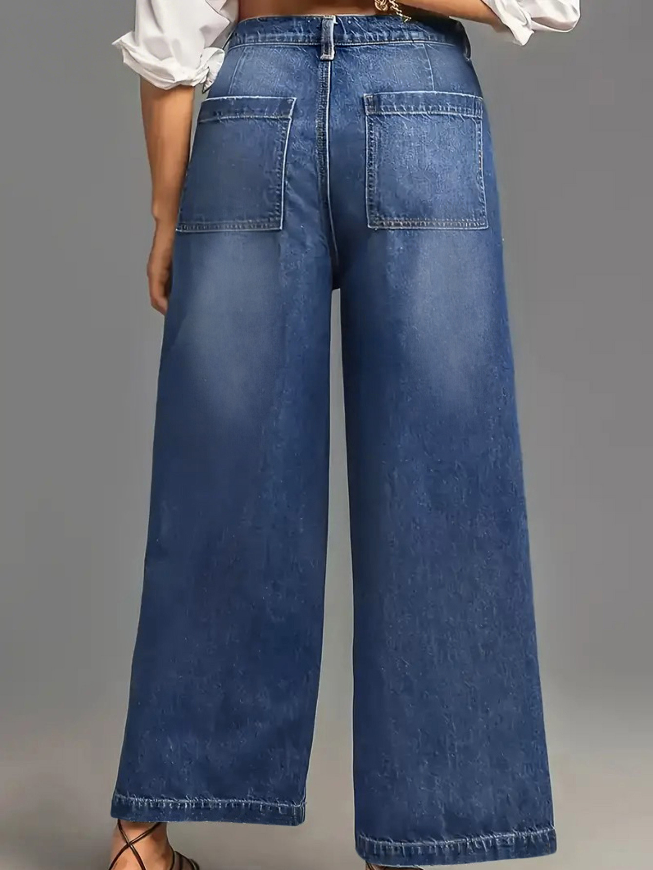 Women's Clothing Mid-Rise Wide Leg Jeans Retro Washed Cuffs Frayed Hem Slanted Pockets Cropped Length Denim_ecoleips.com