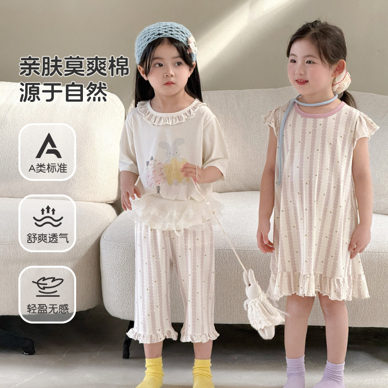 Black Coffee Bear 2026 Children's Set Class a Modal Cotton Girls' Nightgown Cartoon Sweet Lace Homewear Set Black Coffee Bear 2026 Children's Set Class a Modal Cotton Girls' Nightgown Cartoon Sweet Lace Homewear Set