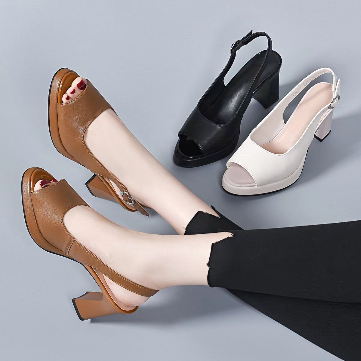 Sandal quai ngang nữ mùa hè da thật gót wedge đế dày phong cách La Mã — Màu đen