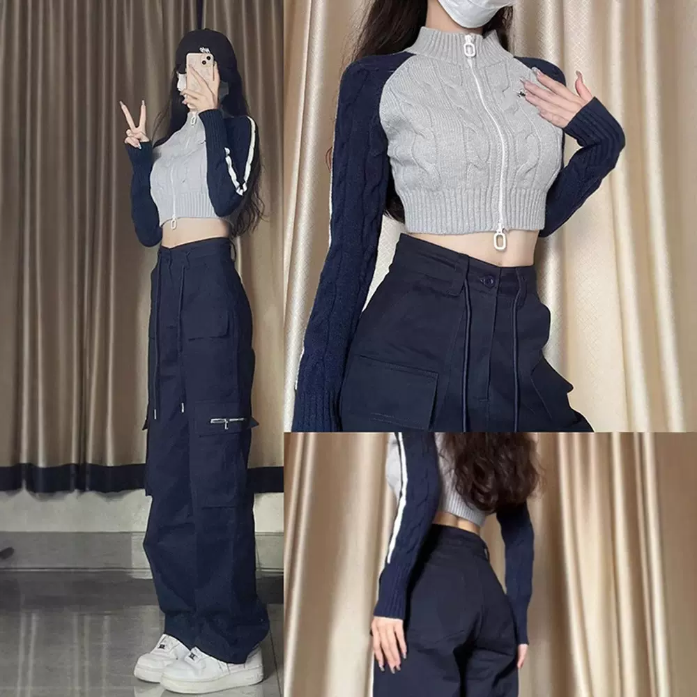 2025美式复古高街藏青工装裤女春秋爆款高腰直筒休闲裤