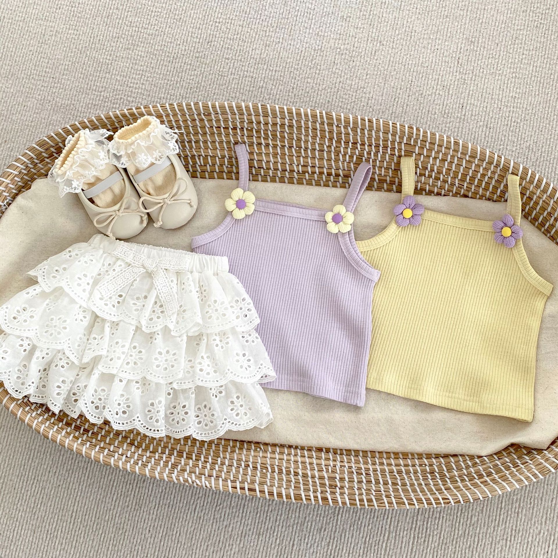 Ins0-3 Years Old Girls Suspender Suit Summer Thin Baby Girl Vest Lace Cake Princess Skirt Pants Two-Piece Set