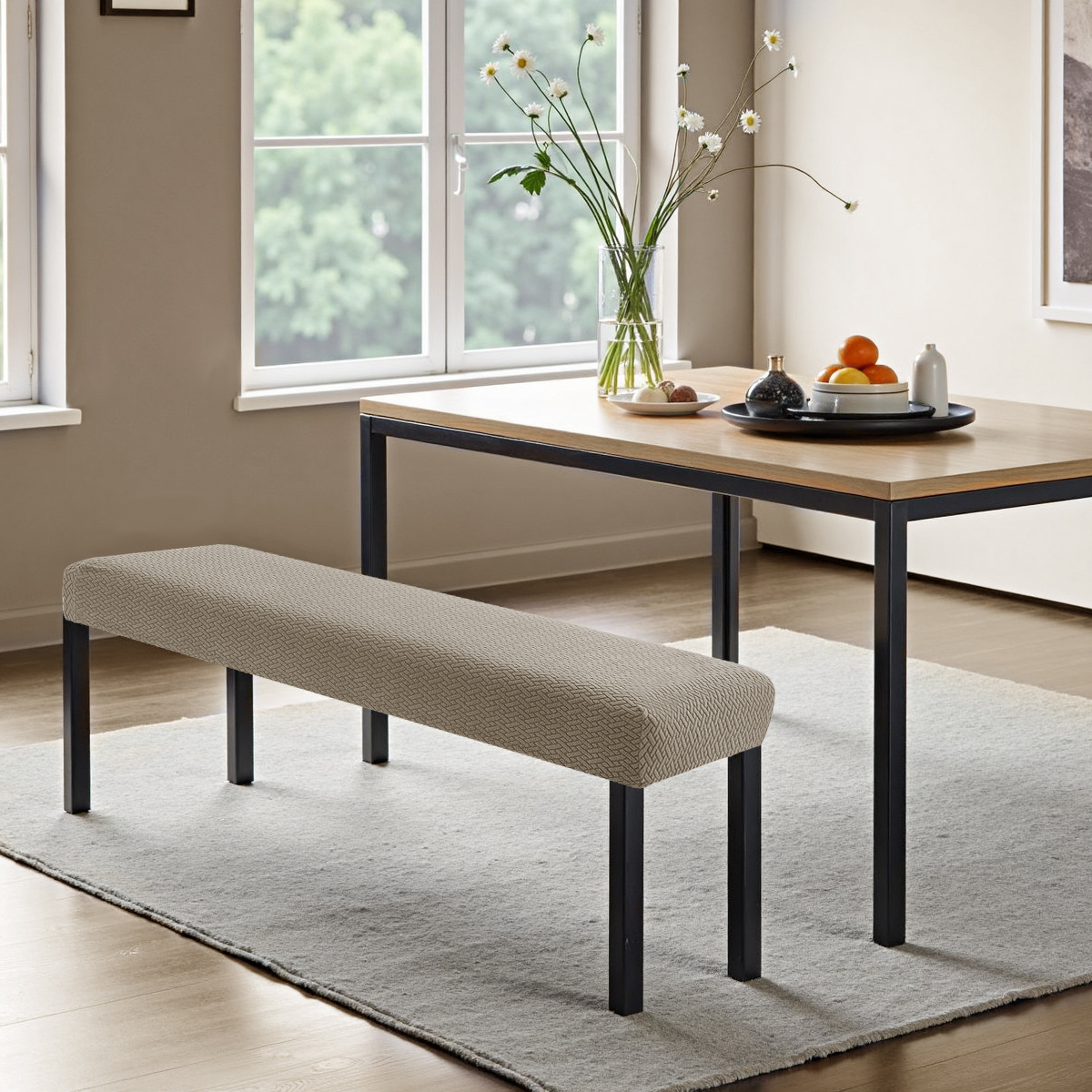 Tejido transfronterizo jacquard en forma de T patrón de rayas cubierta de taburete larga con hebilla, hotel elástico grueso, cambio de zapatos, paquete de taburete, cubierta de silla