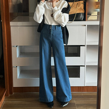 十三行女装牛仔裤女2025冬季新款加厚磨毛高腰弹力宽松阔腿直筒裤