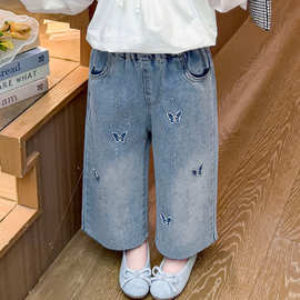 春秋裤子2026款儿童韩版烫钻蝴蝶牛仔裤子女宝宝春秋巨好看直筒裤