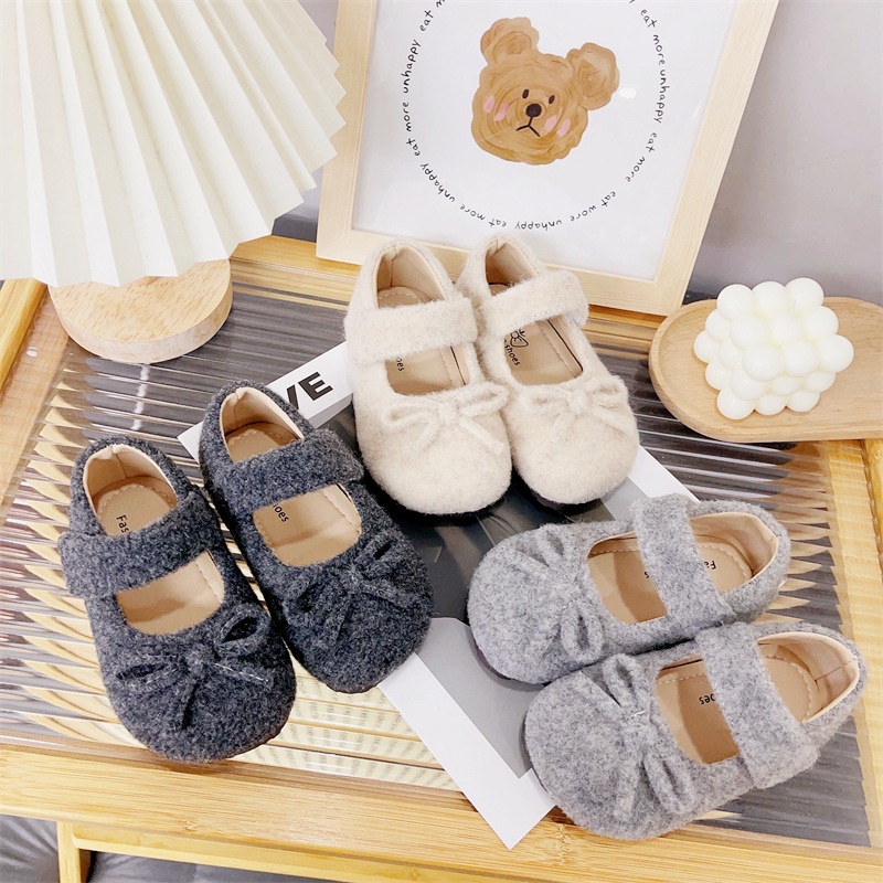 Girls French Fur Flats 2025 Autumn and Winter New Kidsren's Gray Fur Shoes Mary Jane Shoes Flats Bow