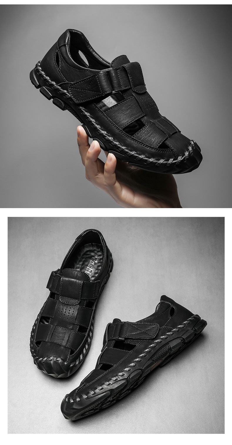 Men’s Summer Closed-toe Leather Sandals With Velcro Strap_voghion.com