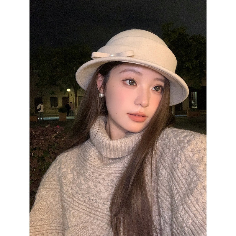 Damenhut aus Wolle mit Perlenschleife, Herbst- und Winter-Socialite-Mode, hochwertiger Fischerhut_voghion.com