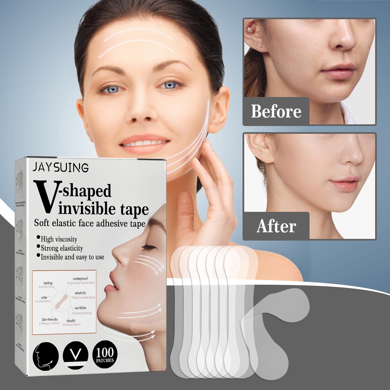 Jaysuing V-shape lifting invisible sticker for fine line reduction, skin firming, chin muscle shaping and contraction sheet
