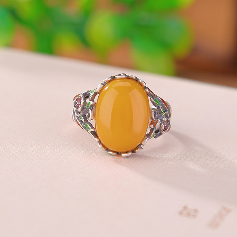 Nhẫn bạc S925 phong cách retro họa tiết men lá mặt trứng, khí chất hoang dã — Bạc 925