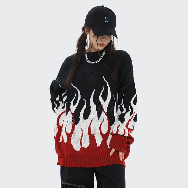Autumn 2023 New American Street Fashion Personality Flame Yarn-dyed Crewneck Loose Knit Sweater Men's Fashion Brand Sweater