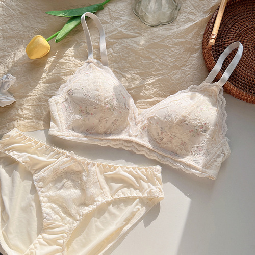 Romantic Pastoral Floral French Triangular Cup Girls Underwear Small Breast Gathering No Wires Sexy Lace Bra Set