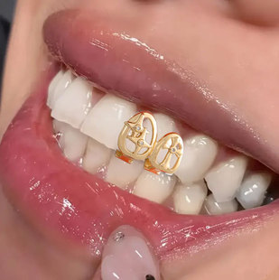 Cross-Border New Two-Piece Double Cut Out Braces for Men and Women, High-End Cross 18K Gold Zircon Tooth Ornaments