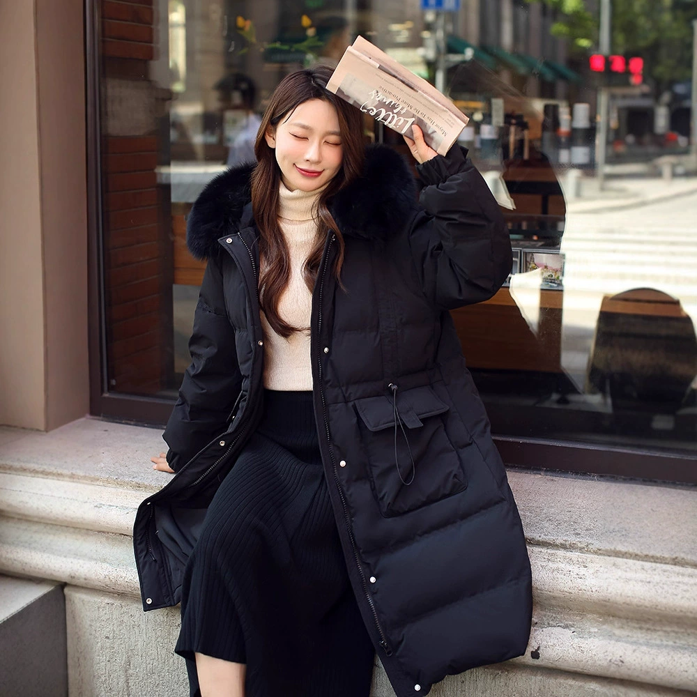 2025 новая женская одежда больших размеров, 100kg модный длинный пуховик для похудения с завязками на талии и воротником из лисьего меха 218