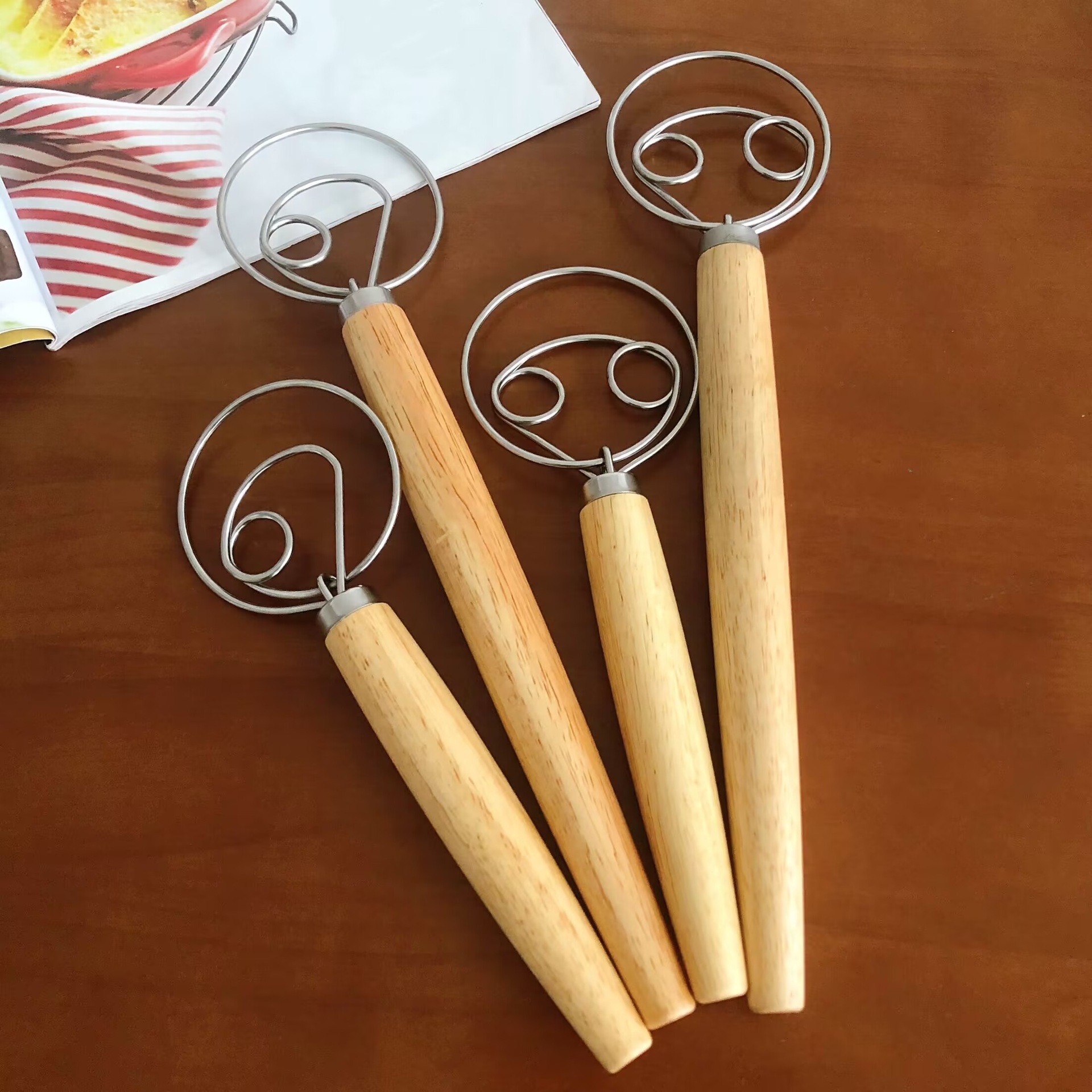 Wooden Handle Flour Mixer Danish Dough Stirring Stick Manual Stainless Steel Egg Beater and Dough Mixer
