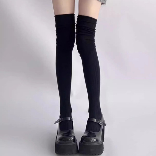 Women's calf-length socks for boots, stacked-heel style, autumn/winter pure cotton, Mélange color, long boot socks, knee-high socks, 37D