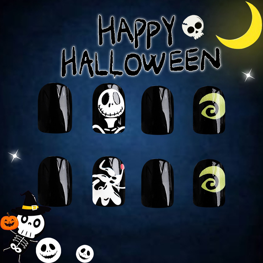 Halloween Corto Luminoso Quadrato Armatura Carino Teschio Cucciolo Cattivo Nail Art 2024 Nuovo Commercio Estero 24 Pezzi_voghion.com