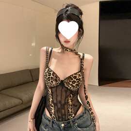 网纱连体豹纹吊带背心女夏美式热辣妹性感鱼骨抹胸小上衣特