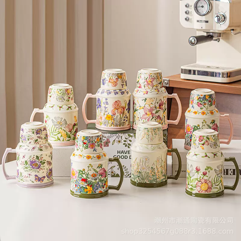 复古花簇开马克杯带盖陶瓷水壶泡茶杯办公室复古精致杯子伴手礼