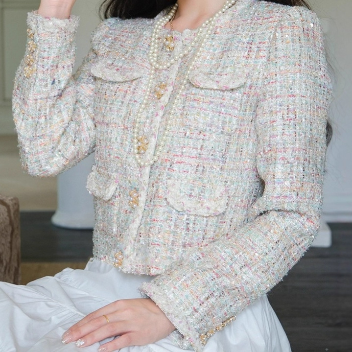 2025 Heavy-Duty Sequined Tweed Fur Cardigan French Style Pearl Braided Woolen Style Short Jacket