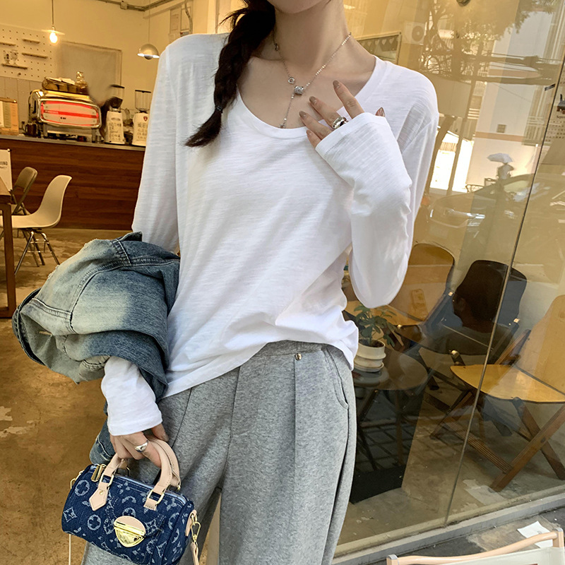 크루 넥 코튼 대나무 긴팔 티셔츠베이스 셔츠 여성의 봄과 가을 2024 새로운 캐주얼 간단한 올 매치 탑