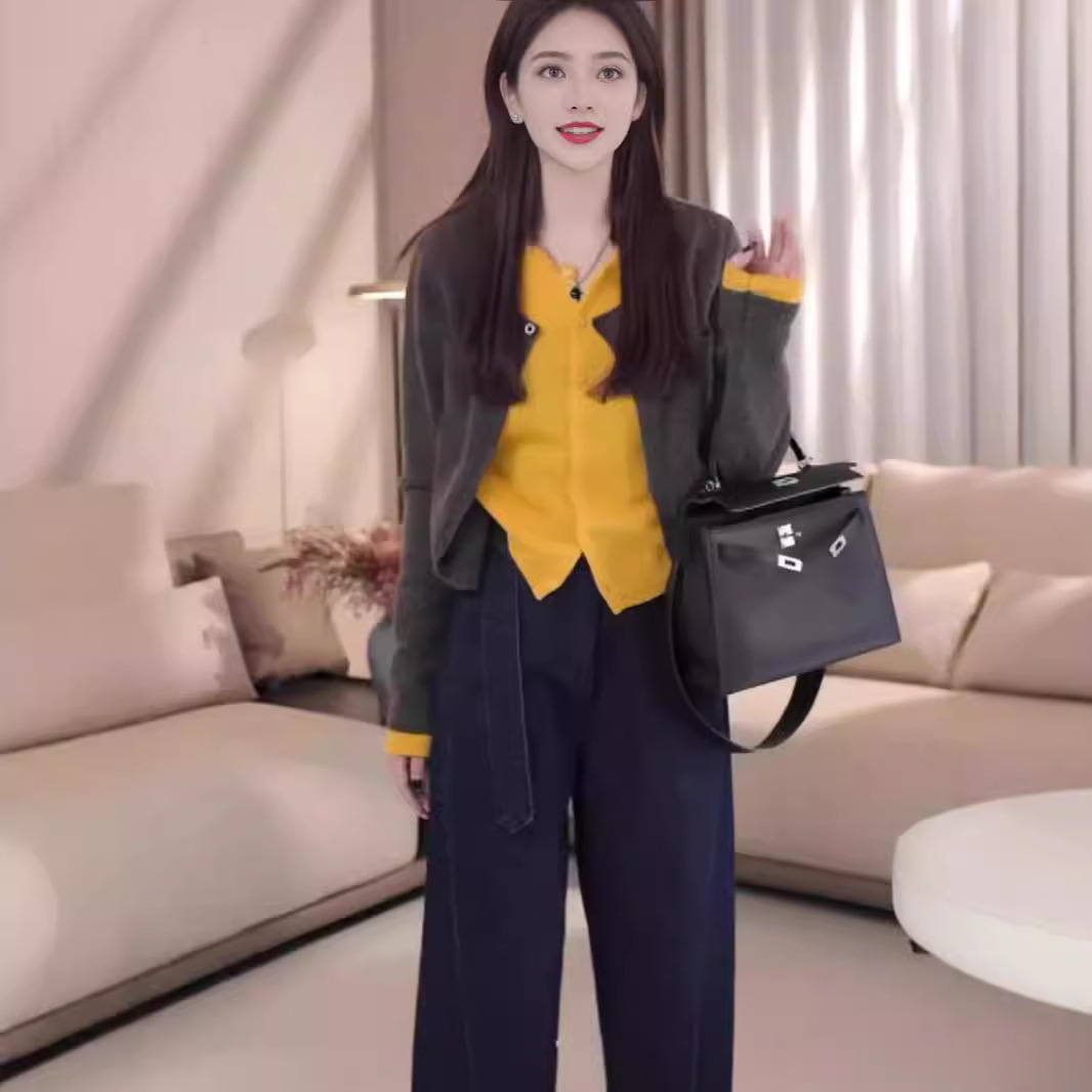 YUNSHANG 양모 섬유 공장 매장 9913 가을 패션 기질 게으른 슬림 핏 바느질 가짜 투피스 니트 카디건