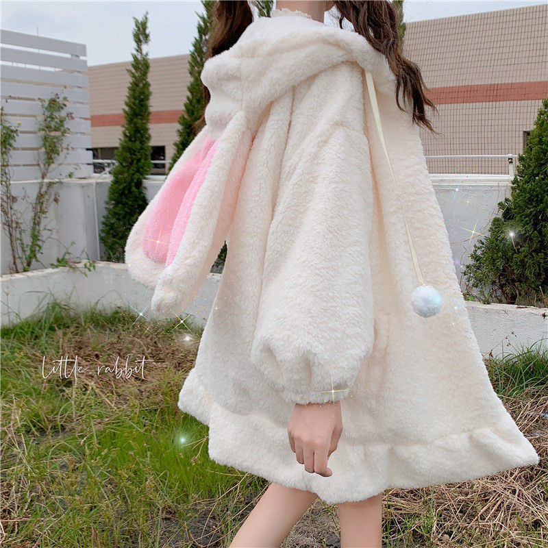Japanese Style Cute Rabbit Ears and Velvet Thickened Lambcock Sweatshirt Women's Dummy Soft Girl's Age-reducing Coat Autumn and Winter Fashionable
