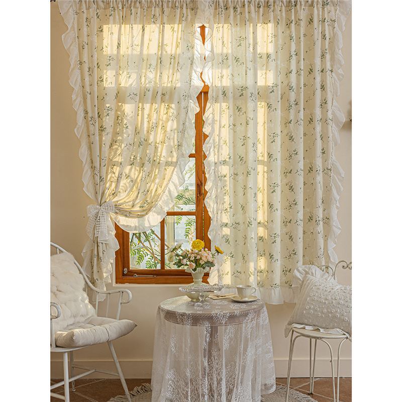 Korean-style Curtain Ins Pastoral Floral Beige Cotton Linen Door Curtain French Retro Partition Hole-free Ruffled Half Curtain