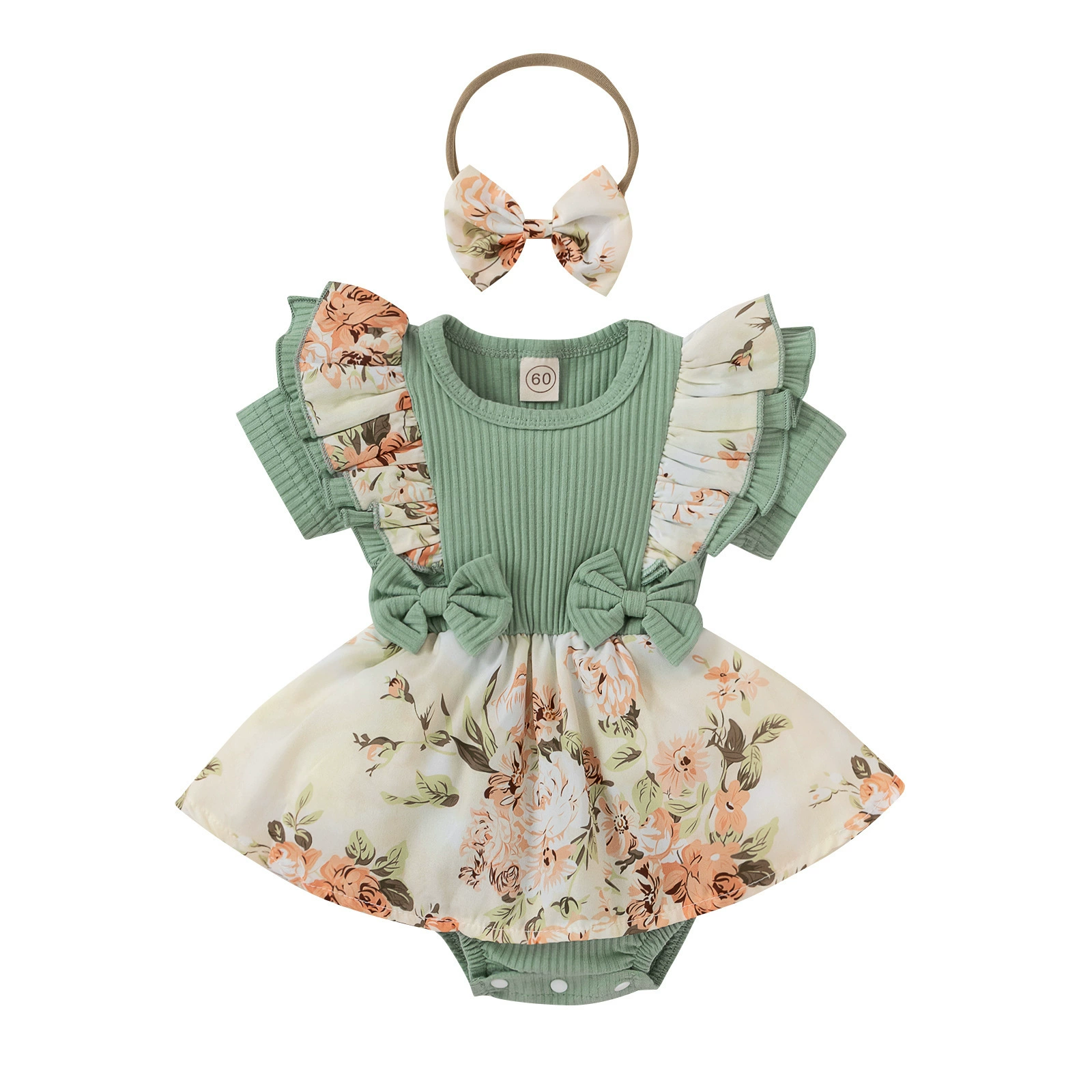 Summer Baby Bodysuit Romper, Floral Bow Dress, Short Sleeve, 65% Cotton 35% Polyester, Sizes 60–100 cm