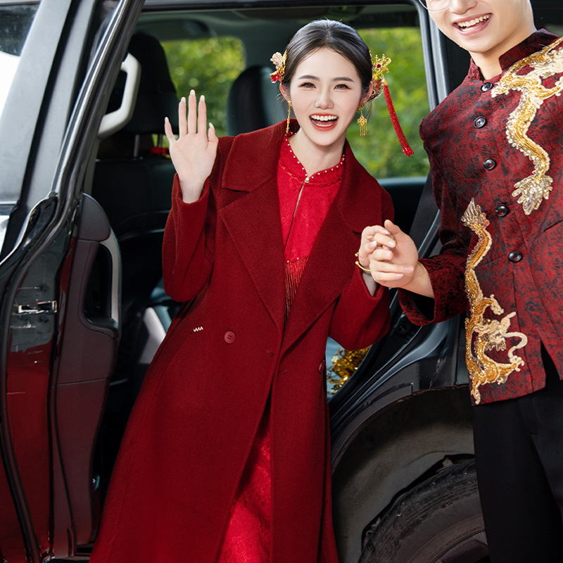 Original Petite Engagement Wedding Red Coat 2025 New Chinese Style New Bride Warm Woolen Coat