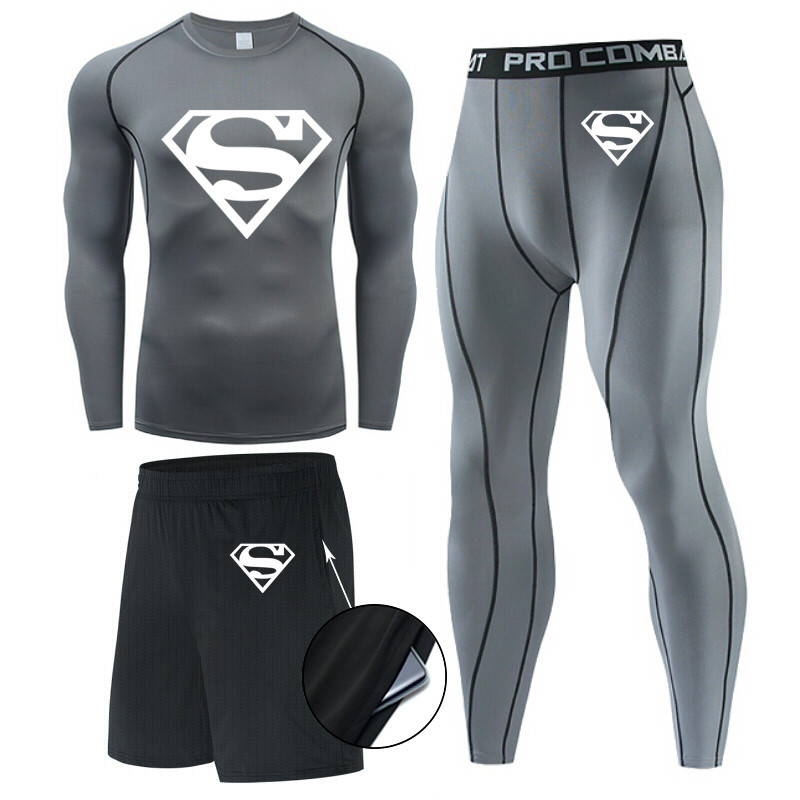 Traje de hombre de compresión de tres piezas de secado rápido medias de manga corta para correr traje deportivo ropa de entrenamiento de baloncesto gimnasio