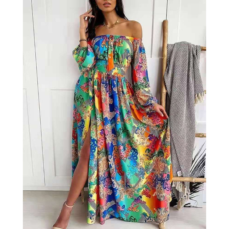 Cross-border 2025 European and American summer women's dress round neck temperament commuting elastic waist casual large swing printed skirt