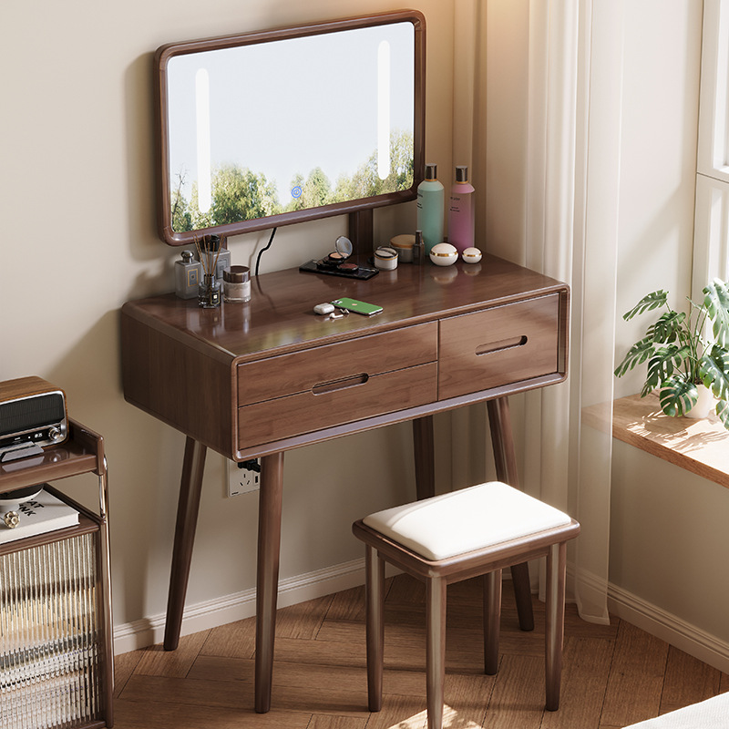 Nordic Solid Wood Dressing Table Bedroom Small Apartment with Mirror Dressing Table Simple Storage Cabinet Integrated Light Luxury Dressing Table