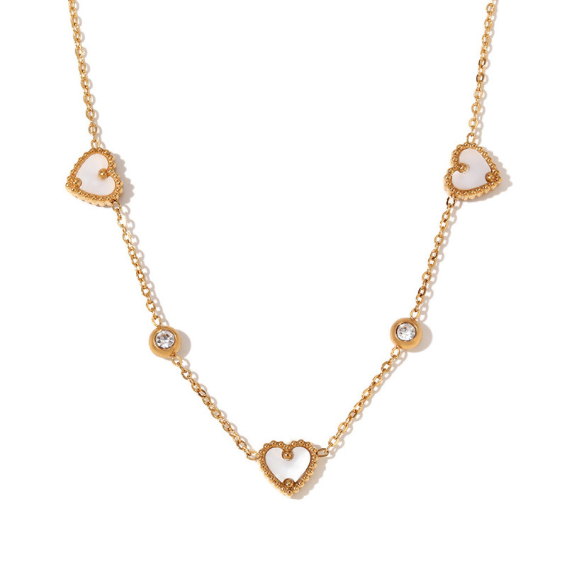 쓰리 쉘 하트 라운드 다이아몬드 목걸이-골드