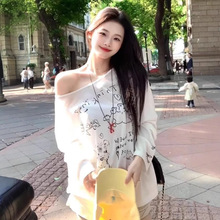 美式卡通小狗印花露肩性感纯欲风长袖T恤女夏季超好看防晒罩衫潮