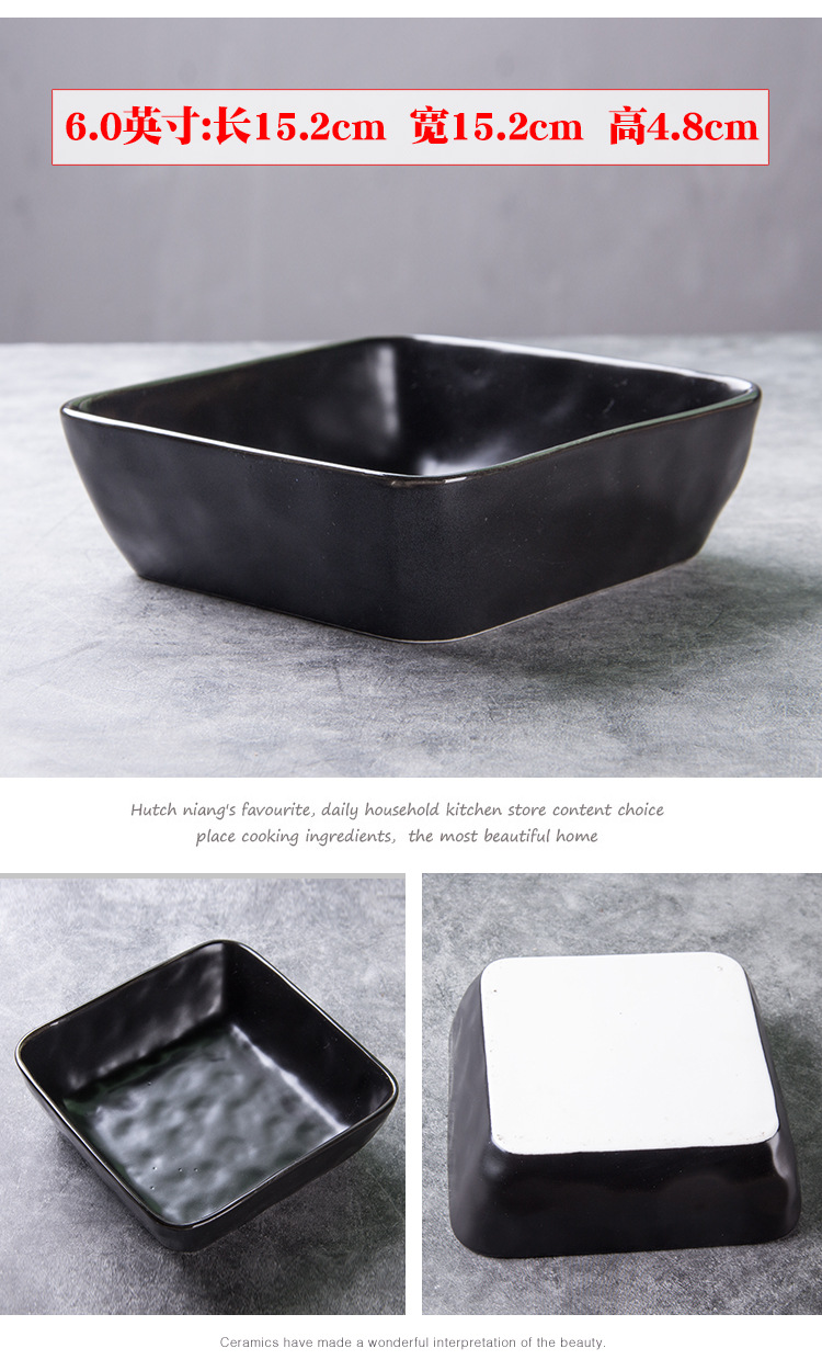 Creativo copo de nieve esmalte negro tazón cuadrado de cerámica tazón de ensalada de frutas tazón de arroz tazón de sopa tazón cuchara tazón condimento tazón