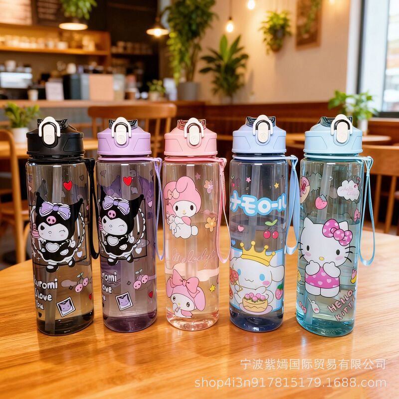 Wholesale Sanrio 750ml Standard Transparent Medium Cup with Rope Straw, Drop-Resistant and High-Temperature-Resistant Bouncing Lid Water Cup