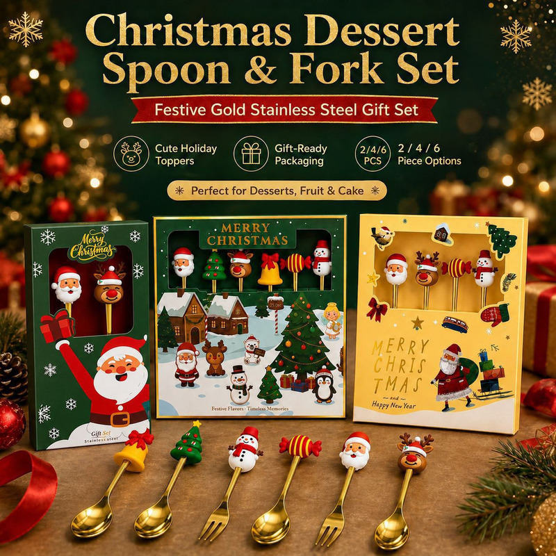 Cross-Border Christmas Dessert Spoon and Fork Stainless Steel Mixing Spoon Candy Fork Reindeer Coffee Spoon Children's Christmas Set Cross-Border Christmas Dessert Spoon and Fork Stainless Steel Mixing Spoon Candy Fork Reindeer Coffee Spoon Children's Christmas Set