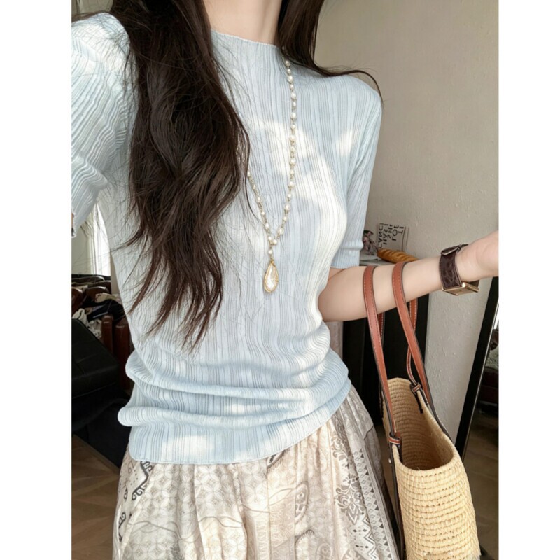 Slimming Effect Silk Linen Lyocell Half-High Collar Ribbed Fitted Knit Top with Mid-Sleeves for Women Summer