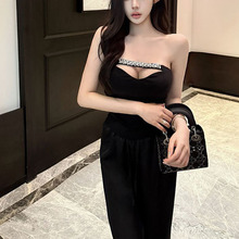 2025美式辣妹黑色抹胸纯欲简约背心女名媛风钻链收腰打底韩版上衣