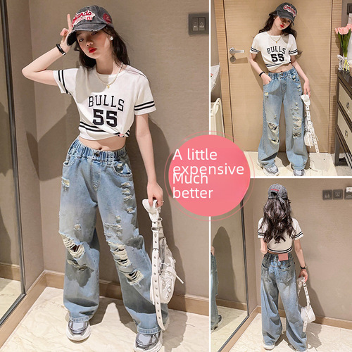 Cross-border wholesale summer pants for girls 2024 new casual medium and large children digital short-sleeved T-shirts and ripped jeans
