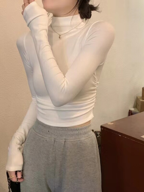 辣妹短款露脐纯欲上衣女秋修身内搭打底衫德绒半高领长袖T恤|undefined
