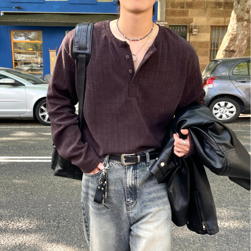 Early Autumn Outfit Korean Henley Zero Base Shirt Boyfriend Loose Fashion Textured Long-Sleeve T-Shirt Pullover Solid Color Top